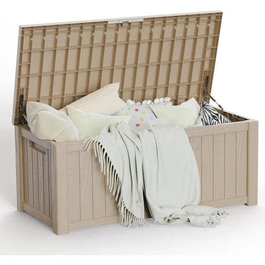 "120 gallon lockable outdoor storage box for patio furniture, garden, and tools"