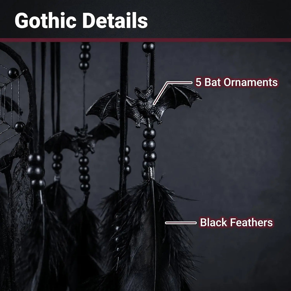 Halloween Gothic Black Dreamcatcher with 5 Bat Ornaments