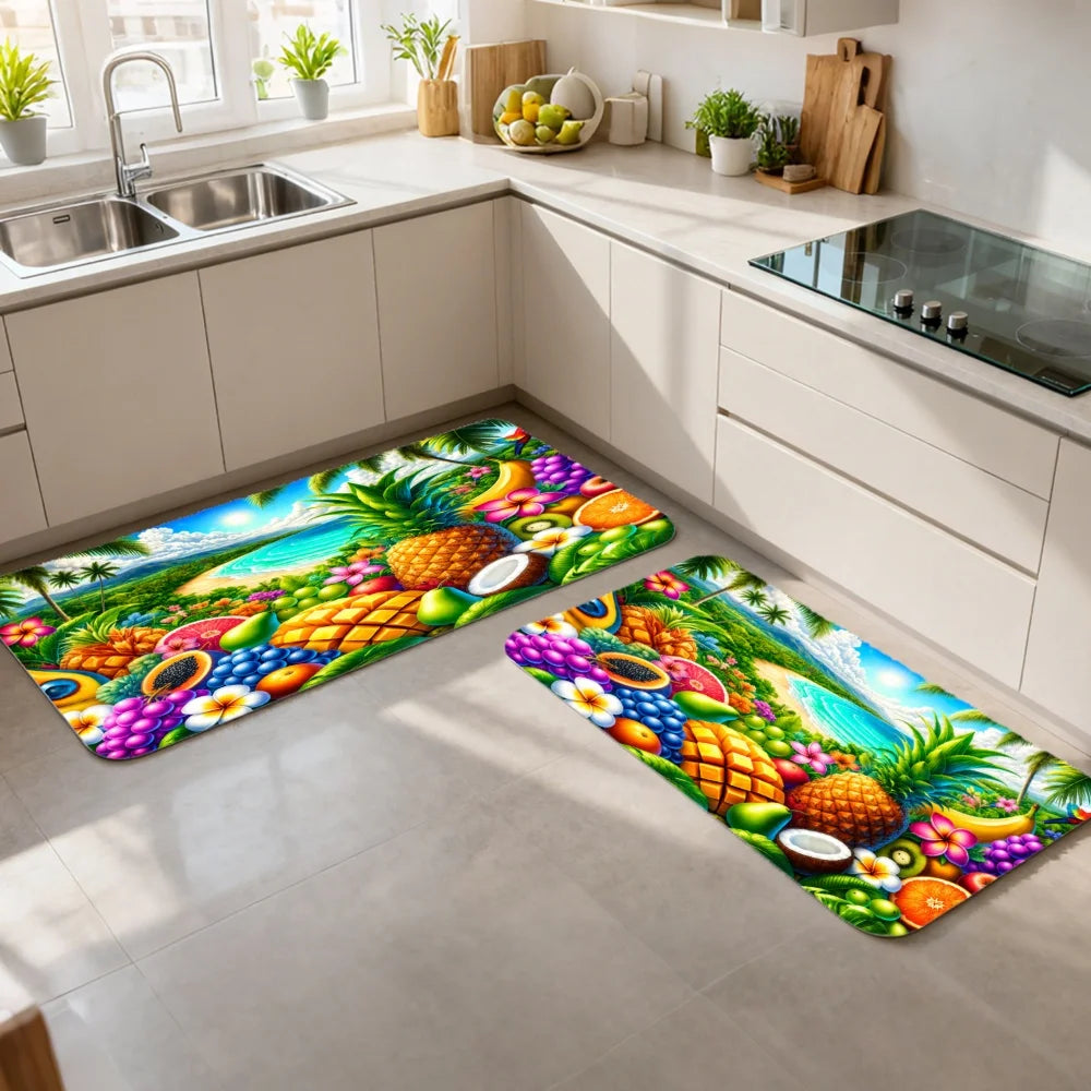 3PCS Mat Set,  Front Door, Kitchen,  Tropical Fruits Palm Trees Flowers Waterfall