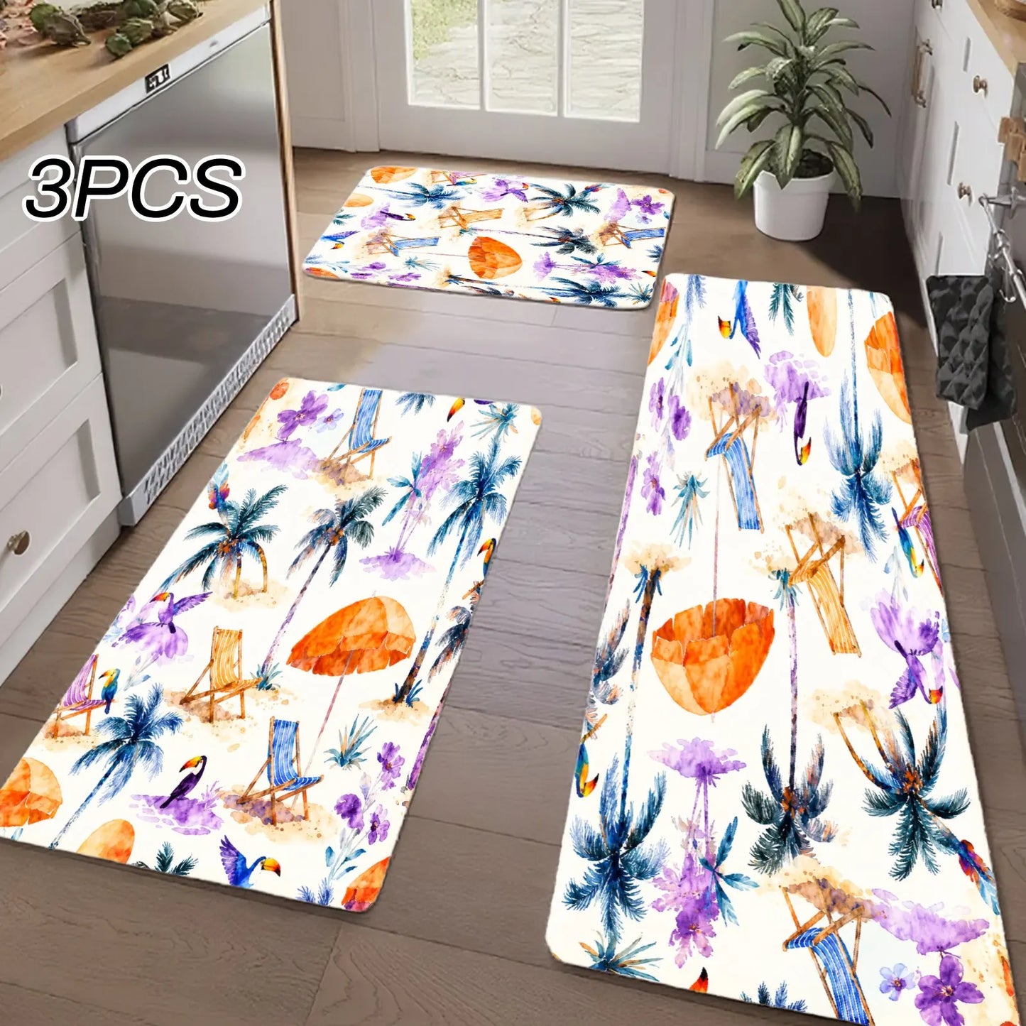 3PC  Rugs Palm Trees Beach Chairs Umbrellas Sunflowers Watercolor