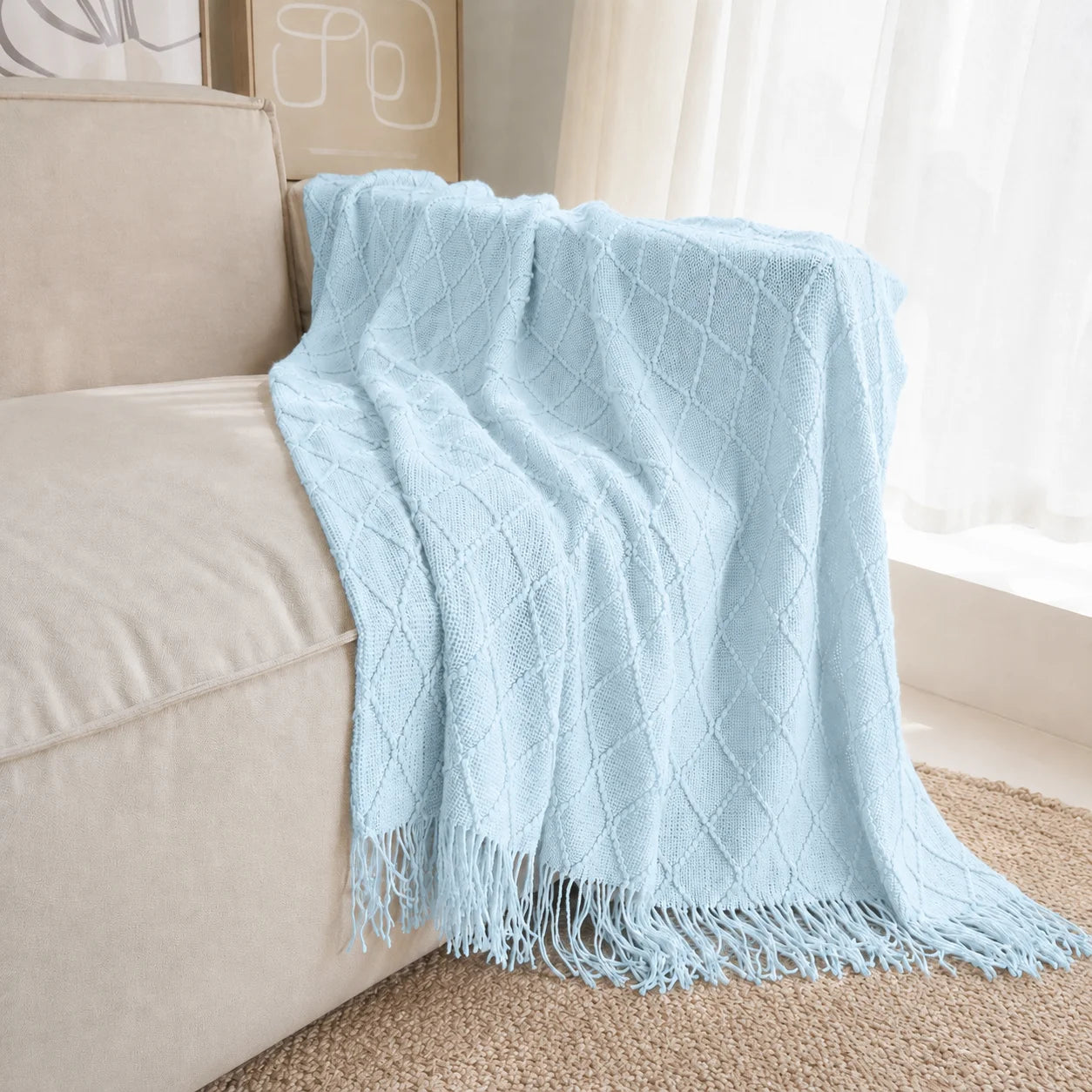 Dark Brown Wavy Chevron Textured Knit Throw Blanket with Tassel Fringe,