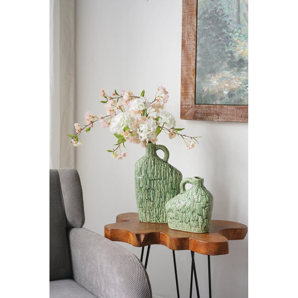 8.5x3.9x13.8" Asymmetrical Green Ceramic Vase with Handle