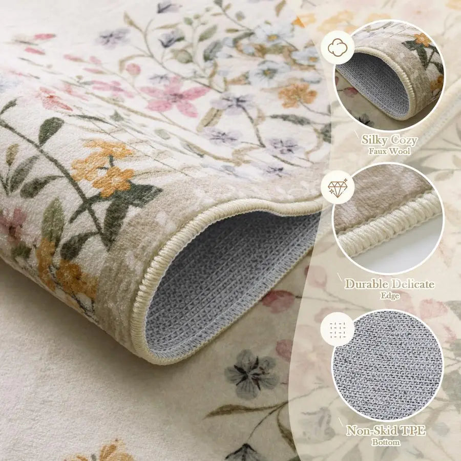 Washable 4x6 Rug for Bedroom, Floral Print Area Rug NonSlip