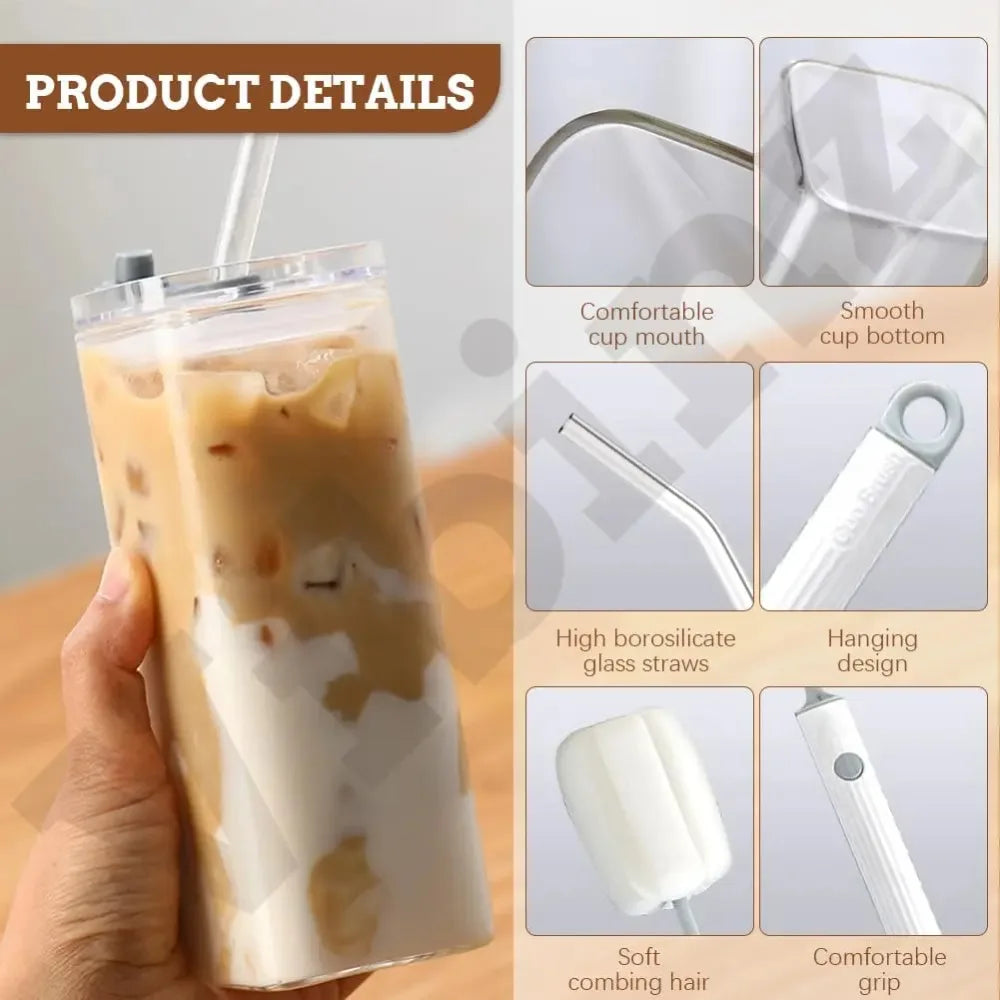 Square Glass Tumblers with Lid & Straw –(Lids Straws Included)