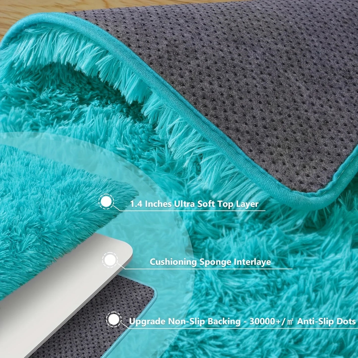 Light Blue Soft Shaggy Non-Slip Rugs with 4 Rug Stickers