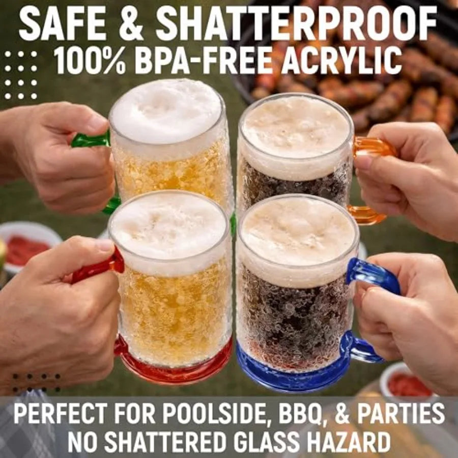 Beer Mugs for Freezer Set of 4 , 16oz Double Walled Glasses,