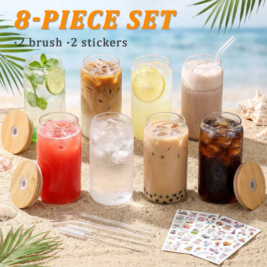 8 Pack Can‑Shaped Glass Cups Set with Bamboo Lids, Clear Iced Coffee Drinking Glass Tumbl