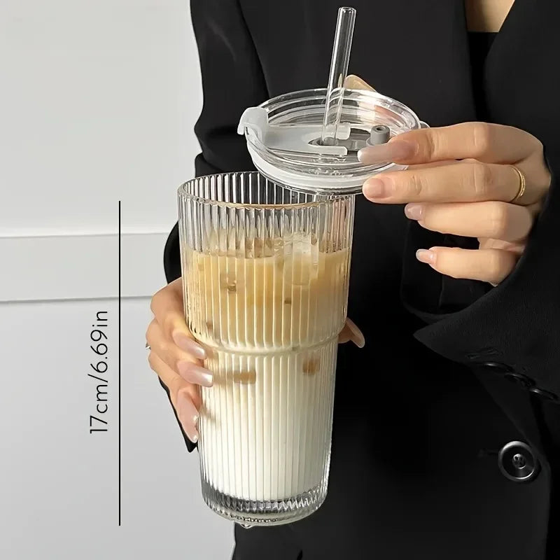 1pcs 600ML Striped Cup with Lid Straw Iced Coffee