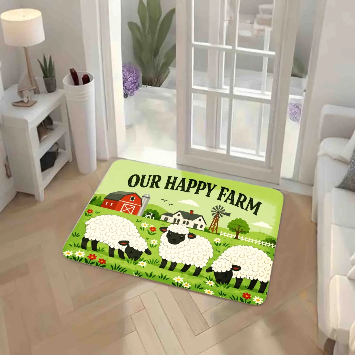 3PCS Kitchen Rugs,Home Decoration for Front Door, Kitchen, Bathroom, Our Happy Farm Sheep Barn Field Dining Mat