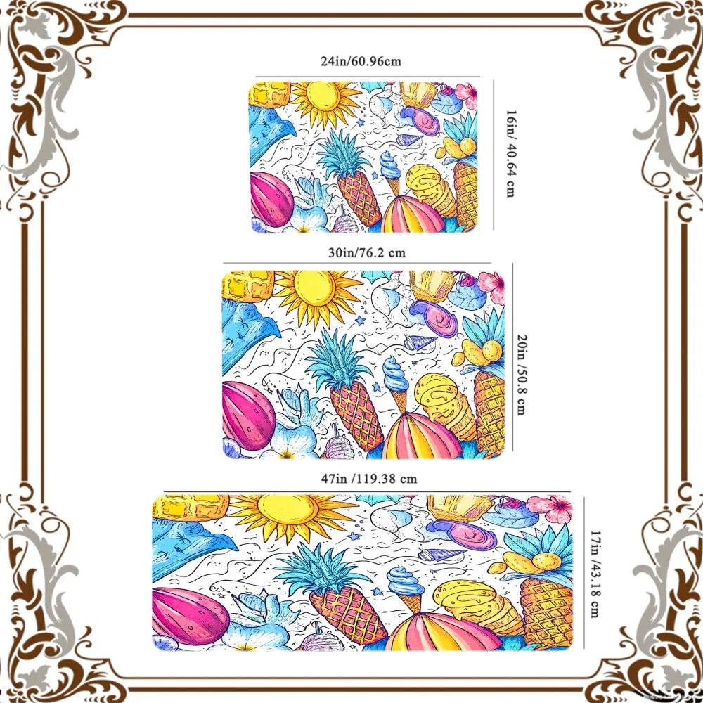 3PCS Kitchen Rugs Sun Pineapple Coconut Palm Tree Flower Watermelon Banana