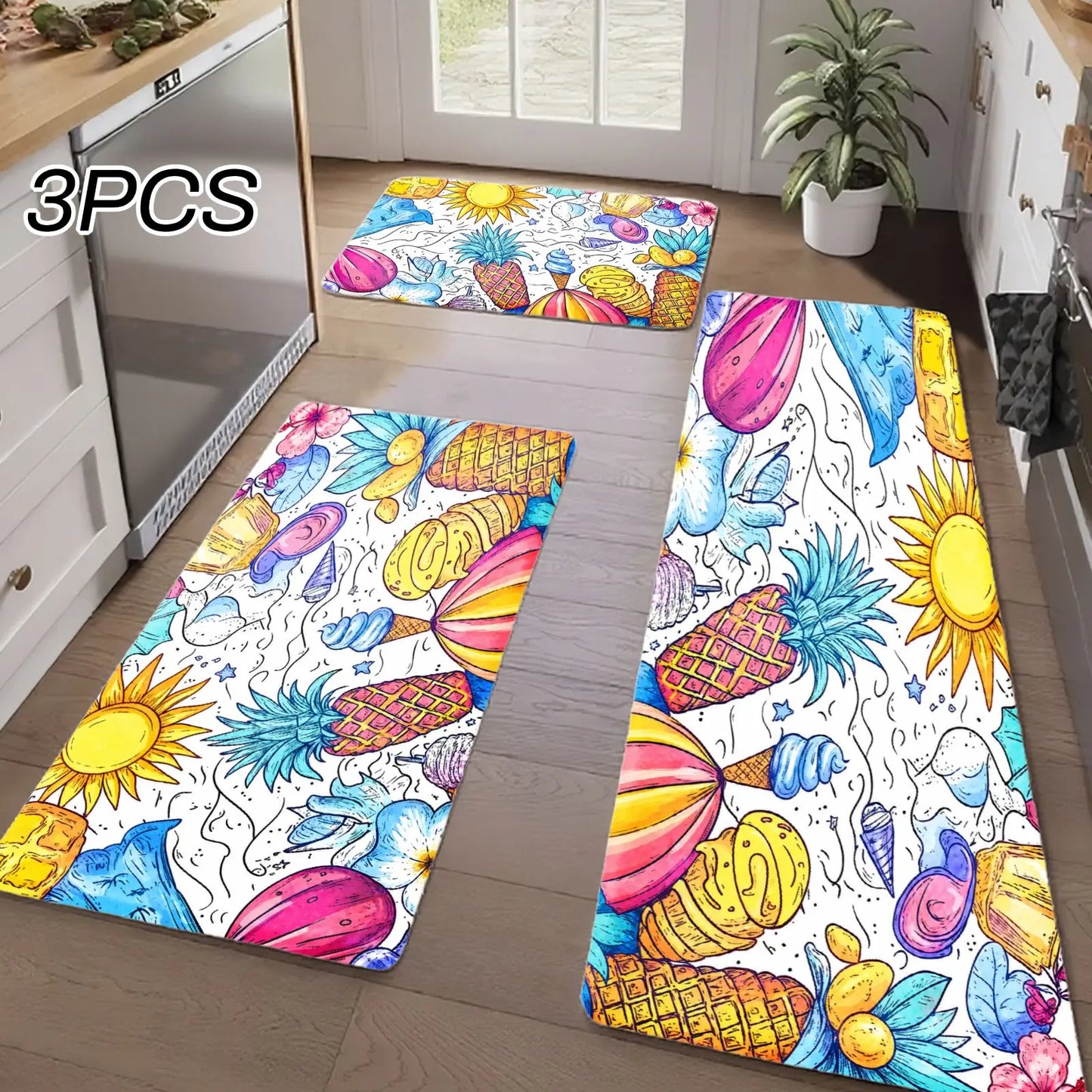 3PCS Kitchen Rugs Sun Pineapple Coconut Palm Tree Flower Watermelon Banana