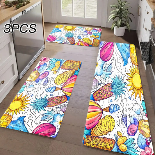 3PCS Kitchen Rugs Sun Pineapple Coconut Palm Tree Flower Watermelon Banana