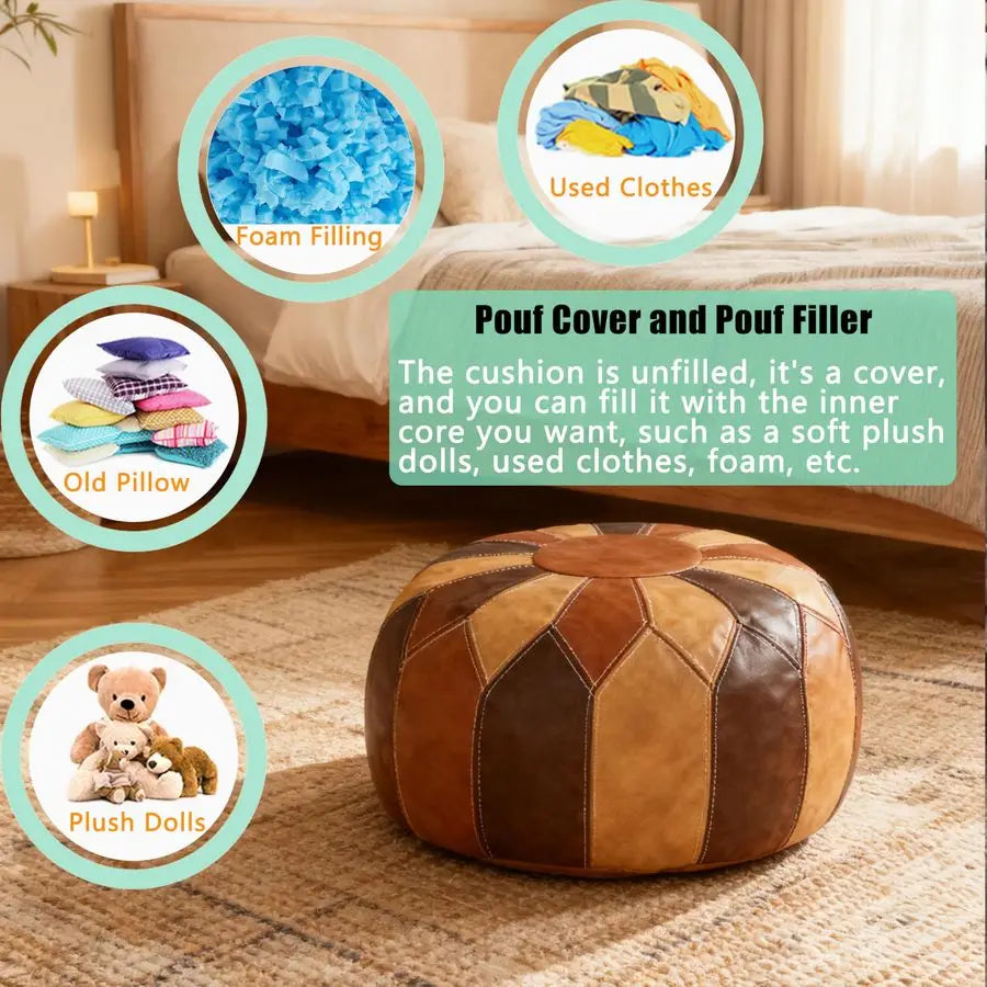 Unstuffed Moroccan Faux Leather Pouf Ottoman with Storage Handmade