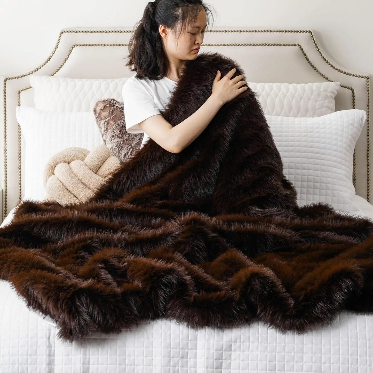Luxury Brown Faux Fur Throw Blanket, Large King Size 60x80