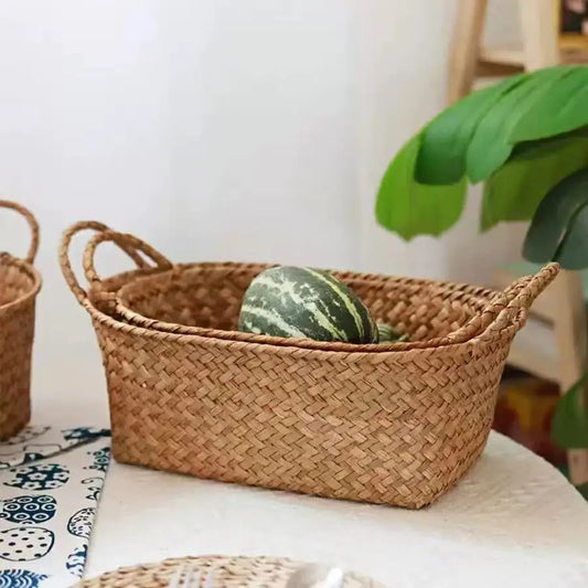 Woven Storage Basket  Double-Handled Rattan Basket