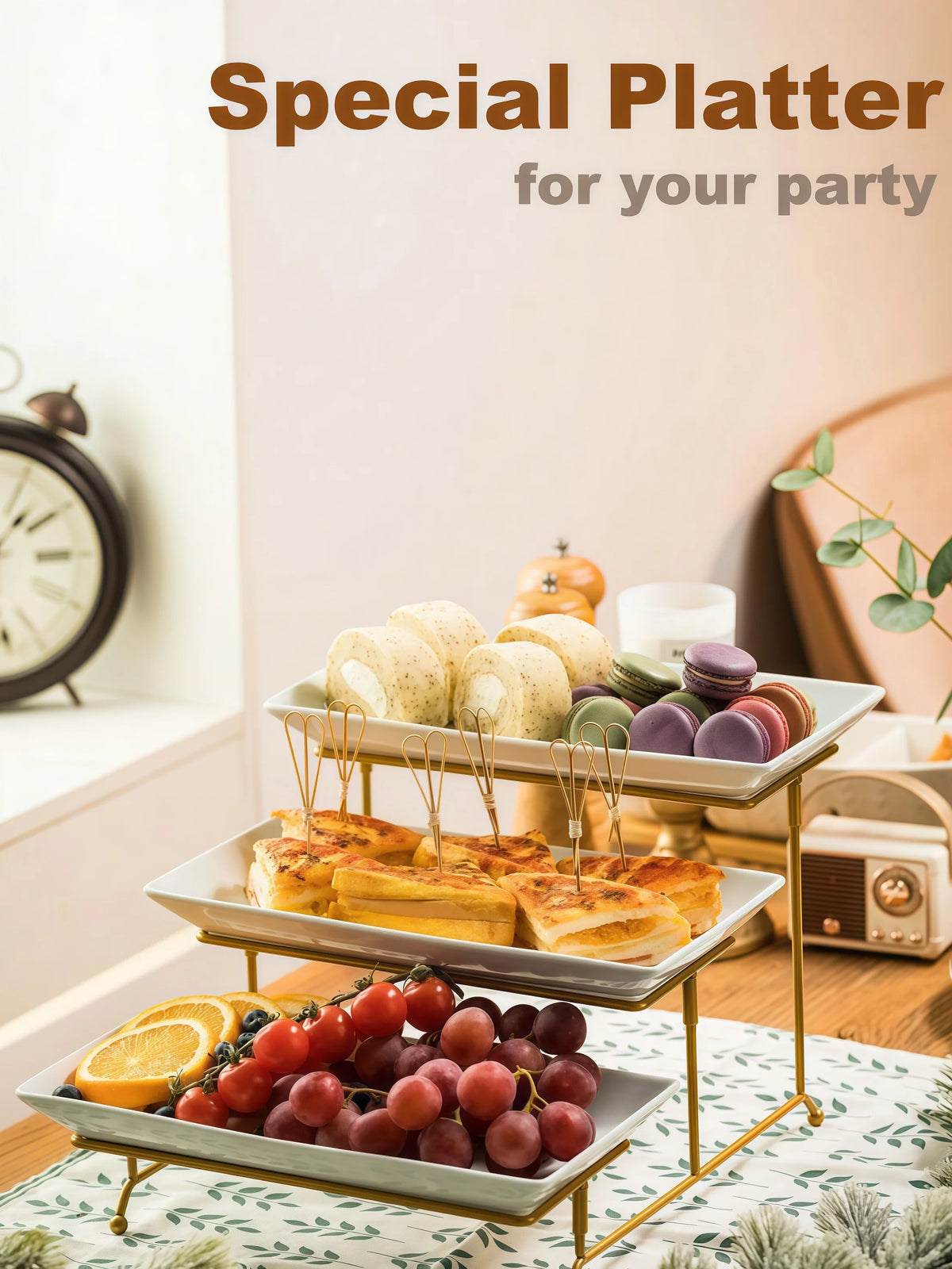 Elegant 3 Tier Porcelain with Gold Stand,  Serving Trays
