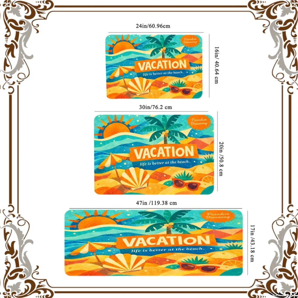 3PCS Kitchen Rugs, Palm Tree Sun Sunglasses Wave Dining Mat
