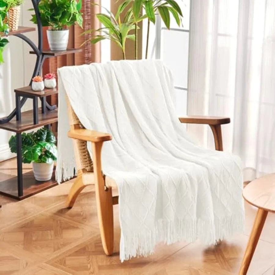 Knitted Throw Blanket  with Tassel, Outdoor Lightweight Breathable