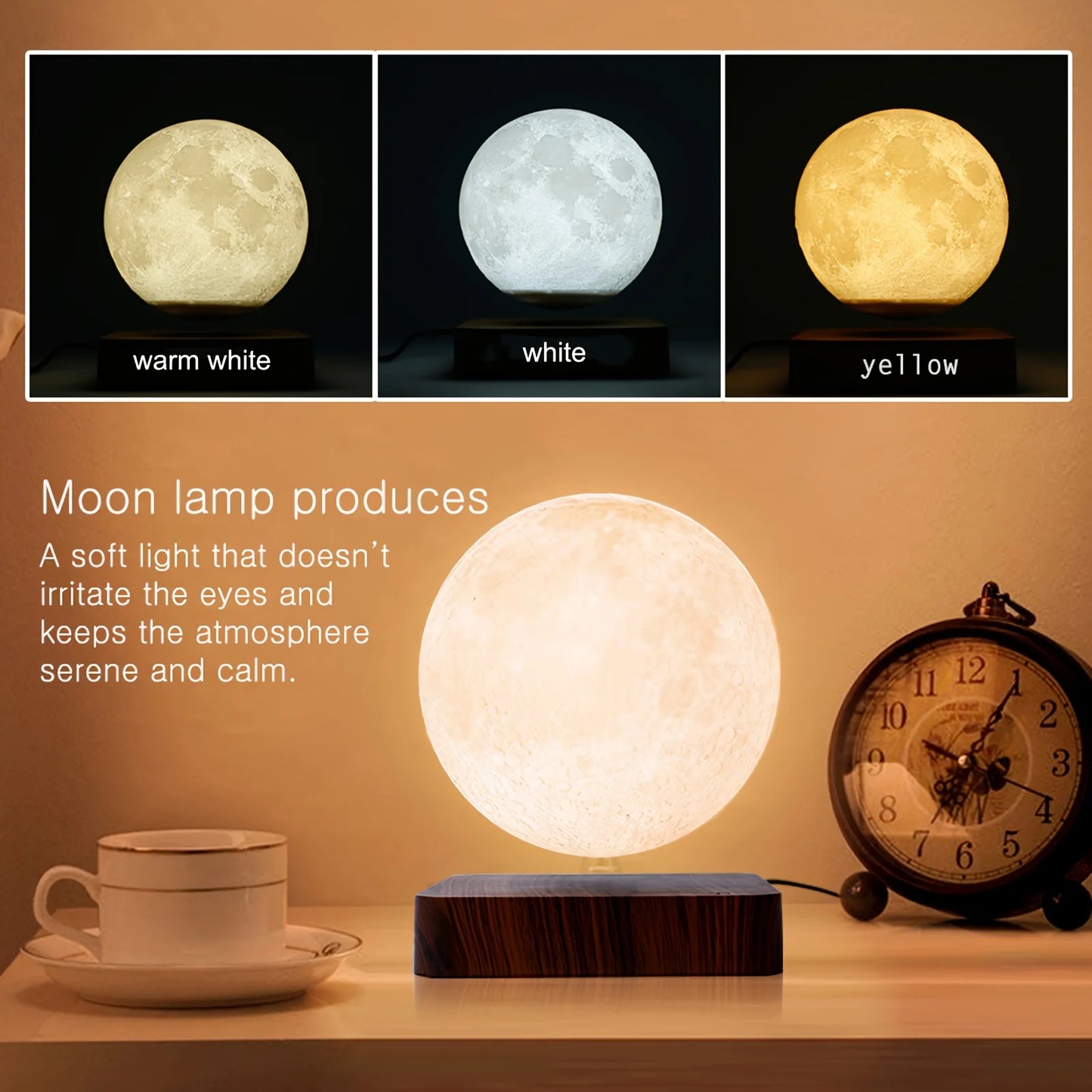 Magnetic Floating Moon with Wooden Base, 3 Color LED Night Lights