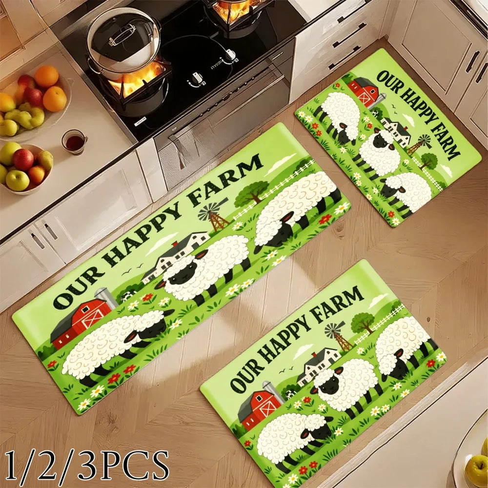 3PCS Kitchen Rugs,Home Decoration for Front Door, Kitchen, Bathroom, Our Happy Farm Sheep Barn Field Dining Mat
