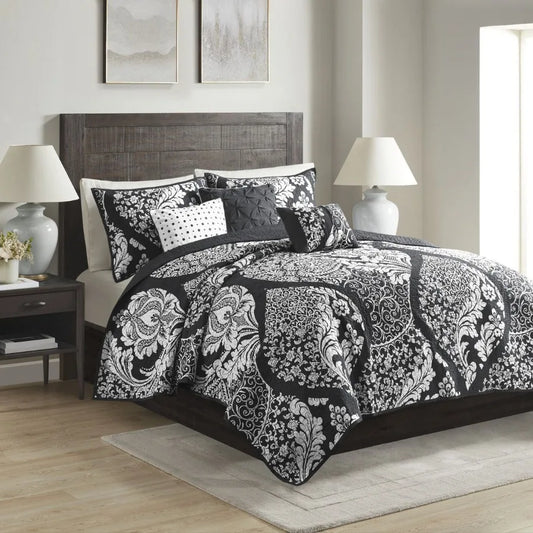 6 Piece Printed Quilt Set with Throw Pillows Black Full Queen