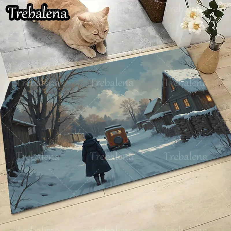 1pc Welcome Door Mat Winter Wonderland Doormat Snowy Village