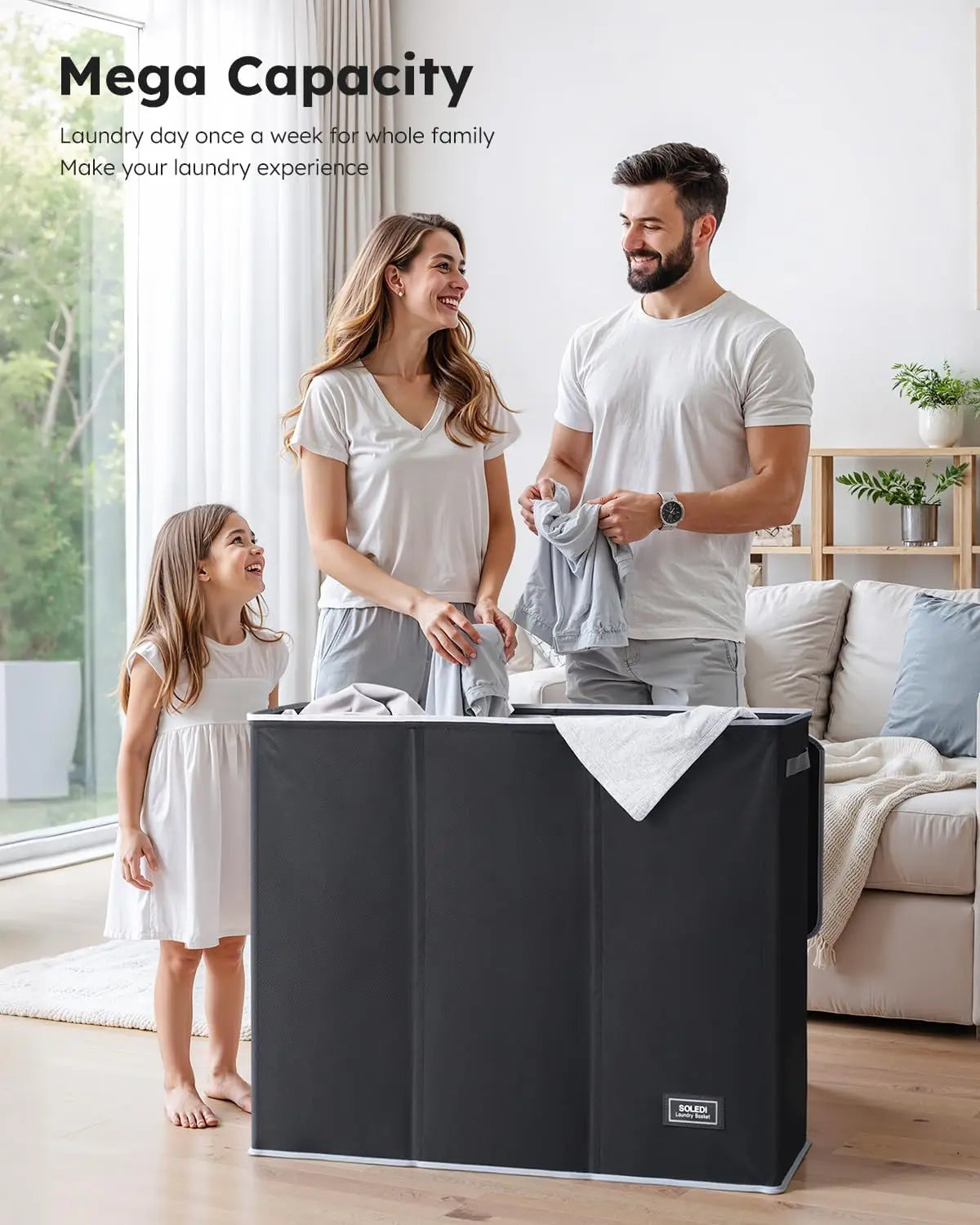 180L Extra Large Laundry Hamper with Lid, 3-Section