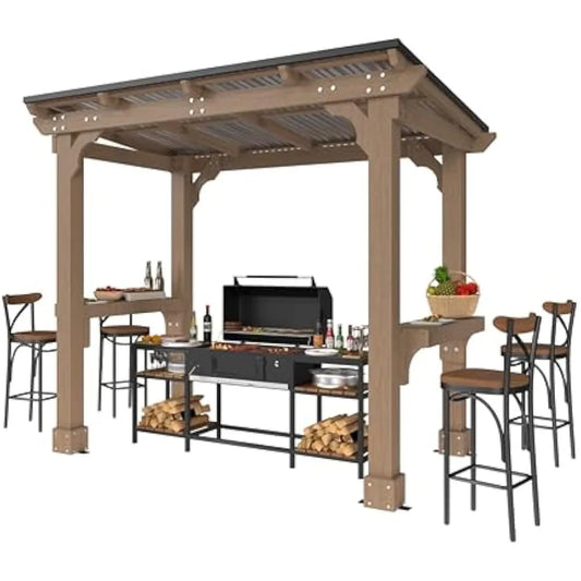8' x 5' Wooden Grill Gazebo with Sloping Metal Roof, Hard Top