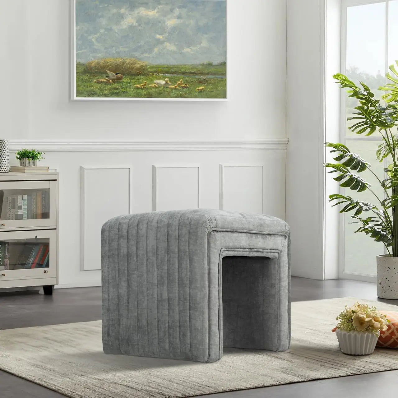 Vanity Stool Chair, Linen Ottoman Foot Stool