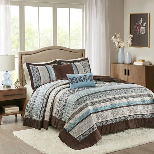 5 Piece Quilt Set with Throw Pillows Blue Cal King