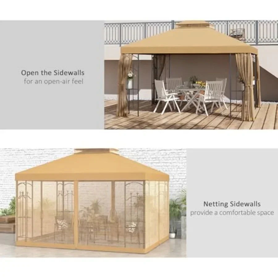 Gazebo with  Fe Shelves Double Roof Outdoor Netting in Beige