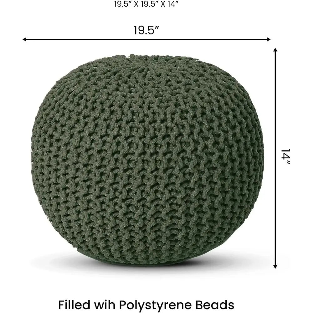 Hand Knitted Round Ottoman - Bean Bag Pouf - Set of 2, Olive