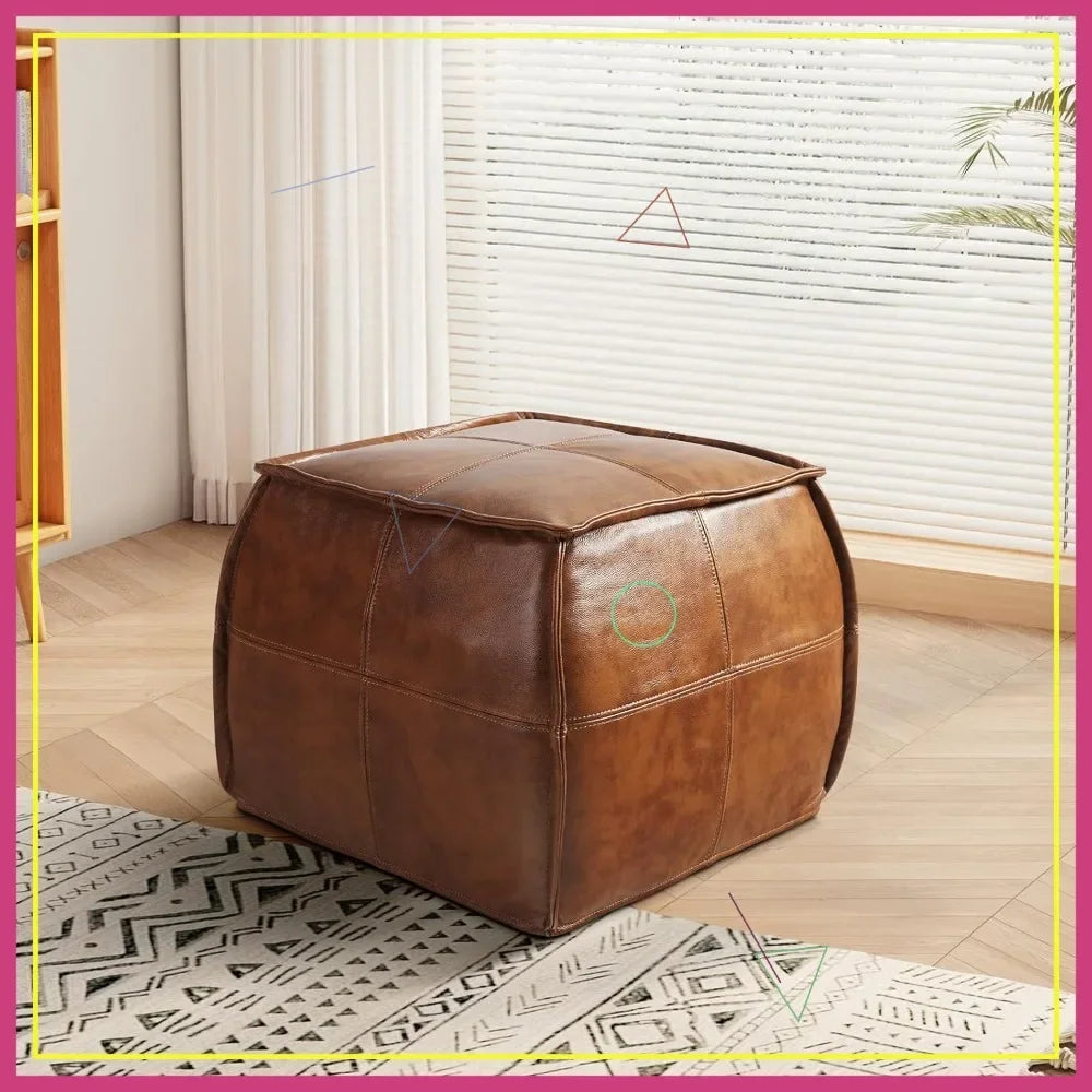 Genuine Leather Pouf Ottoman, Handmade Square Foot Rest Stool