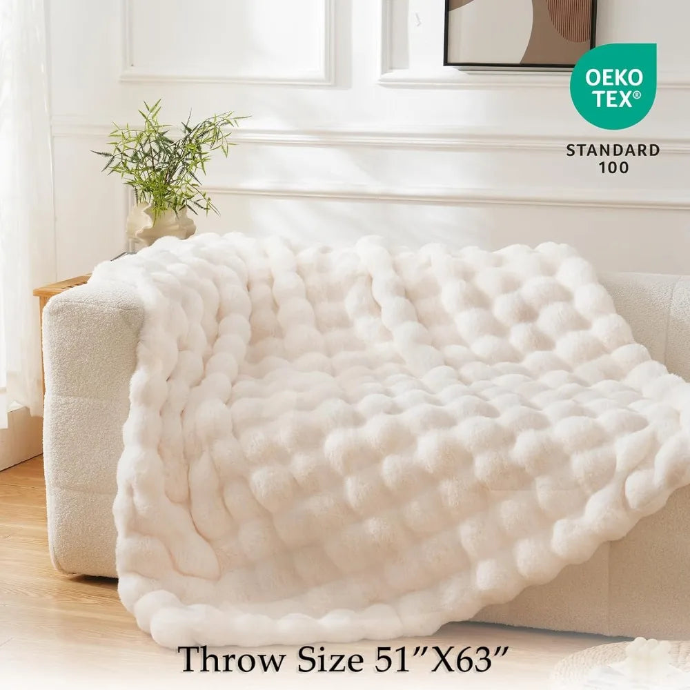 Faux Fur Throw Blanket Cozy Plush Fluffy Soft Thick Bubble Blanke