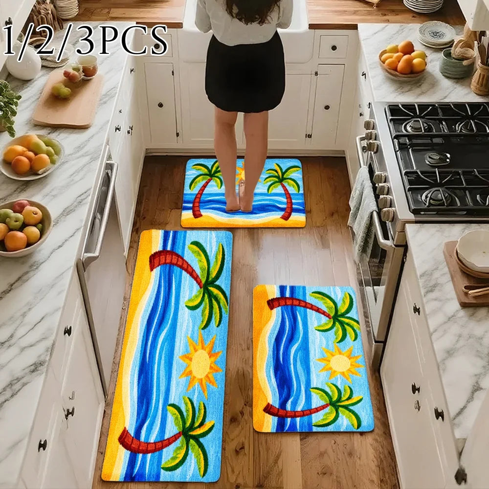 3PCS Rugs,Tropical Palm Tree Sun And Ocean Waves Pattern Dining Mat