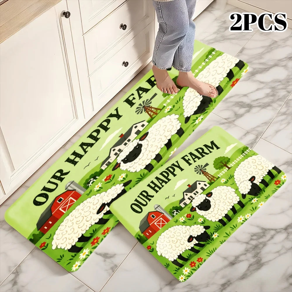 3PCS Kitchen Rugs,Home Decoration for Front Door, Kitchen, Bathroom, Our Happy Farm Sheep Barn Field Dining Mat