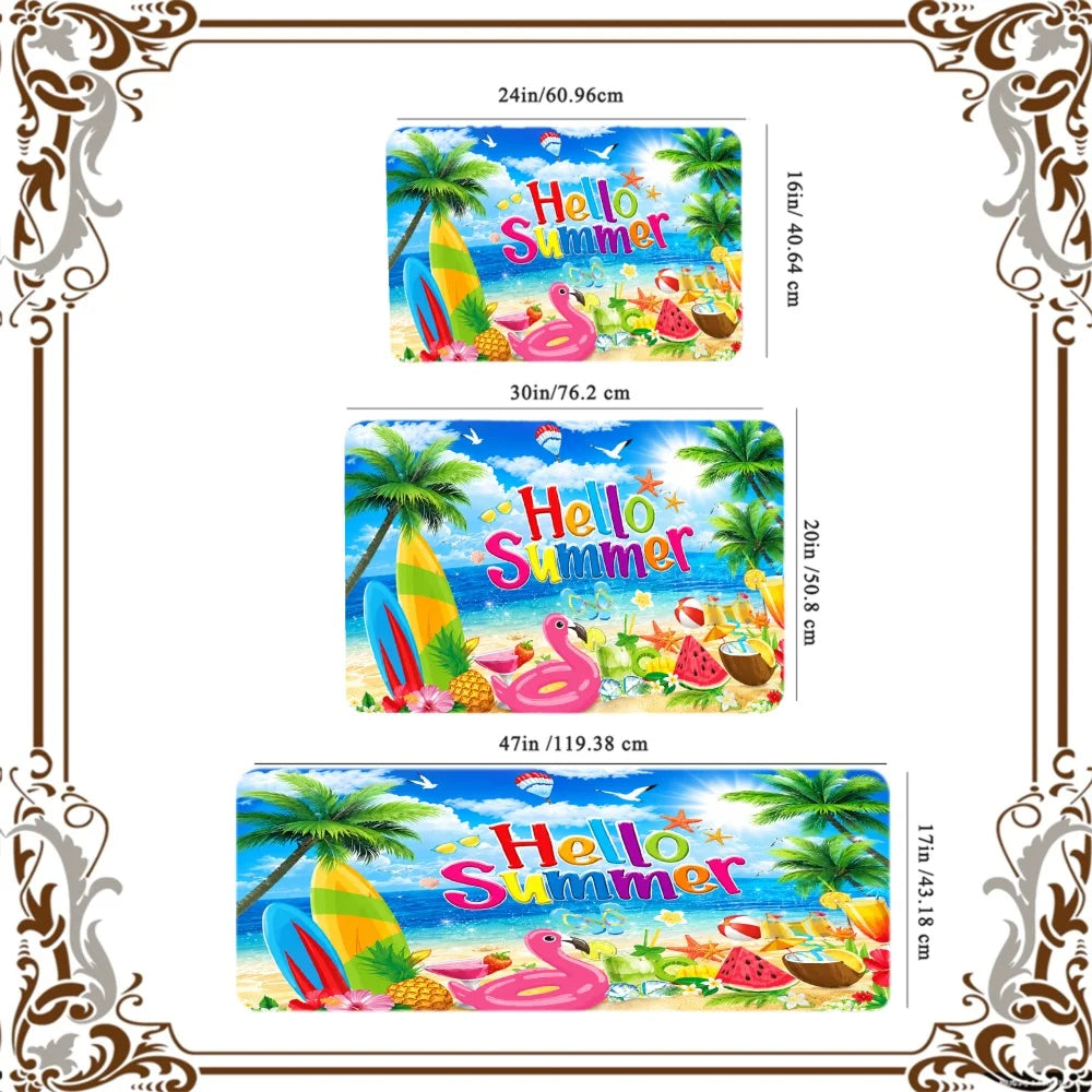 3PCS Rugs,Hello Summer Palm Trees Beach Ball Watermelon Dining Mat