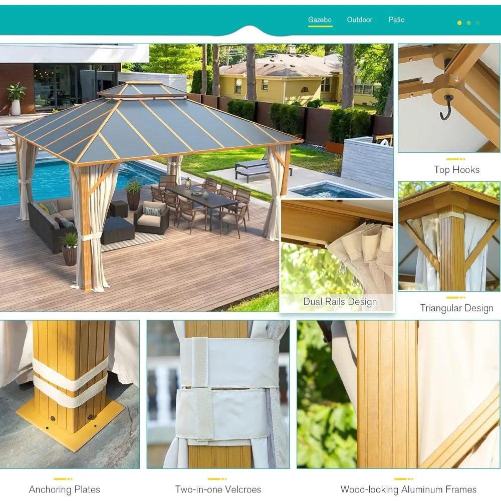 12'x14' Gazebo,  Outdoor Wood Grain Hardtop Gazebos