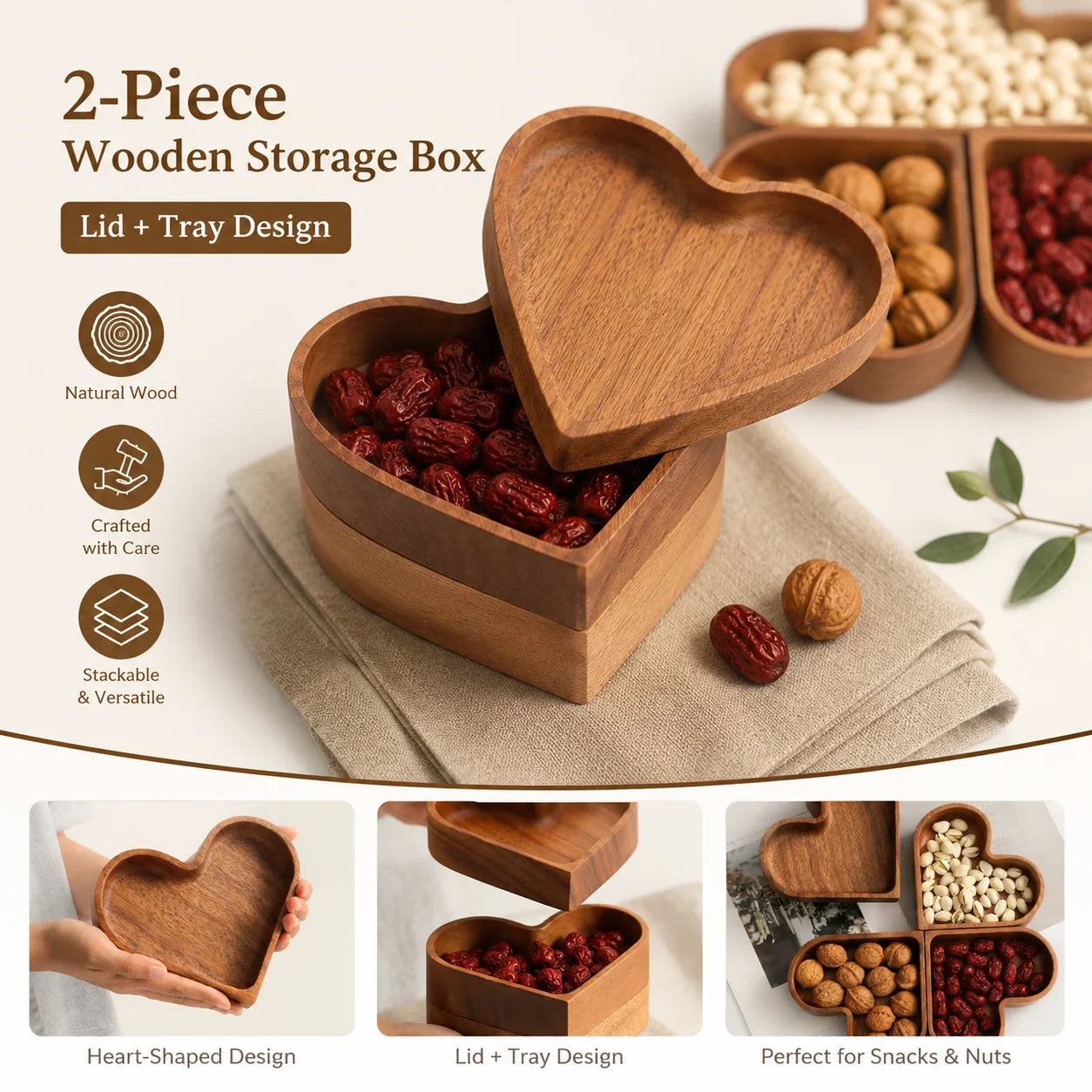 Heart Shaped Wooden Snack Tray Set Multipurpose Serving Bowl with Lid