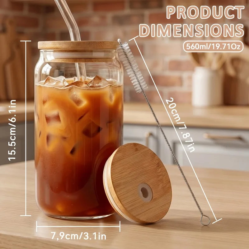 8 Pack Can‑Shaped Glass Cups Set with Bamboo Lids, Clear Iced Coffee Drinking Glass Tumbl