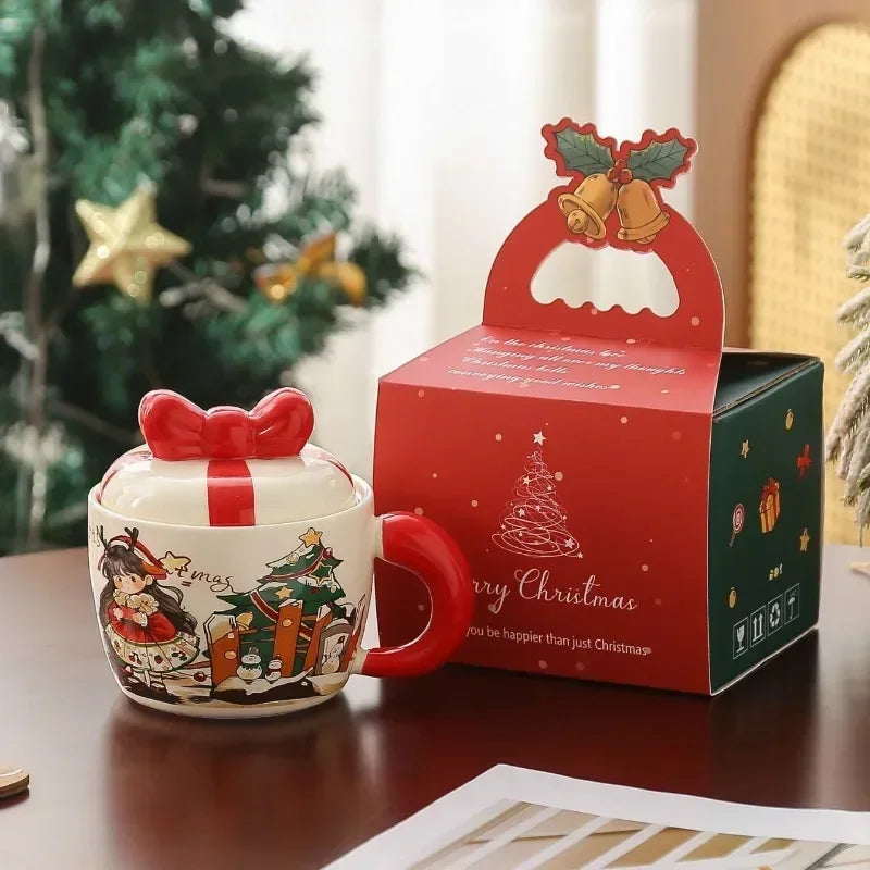 Christmas card ceramic mug with lid, coffee cup