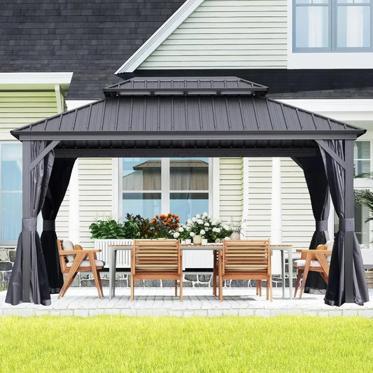 Domi 10x14T Outdoor Gazebo,  Galvanized Steel, Hardtop Gazebo