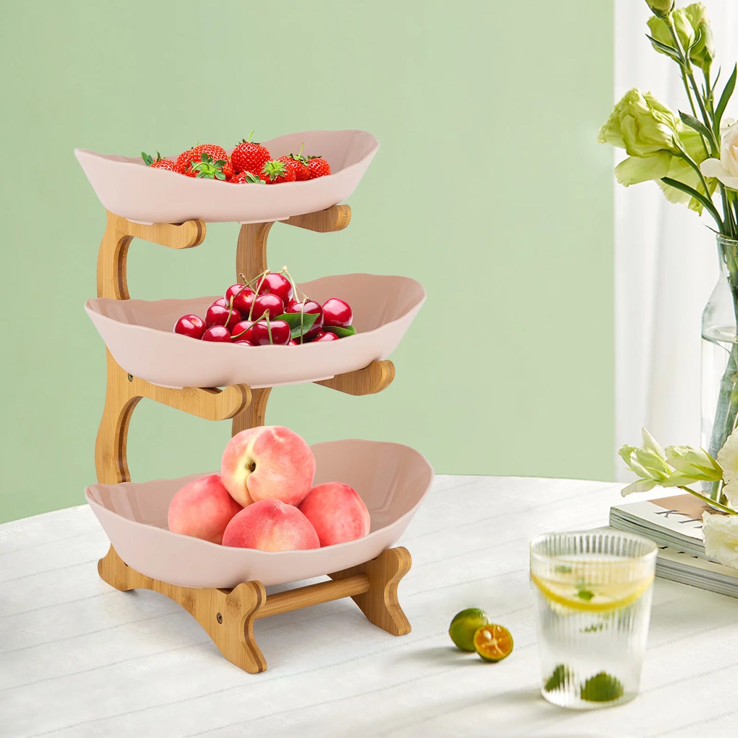 3 Tier Plastic Fruit Bowl W|Bamboo Countertop Stand,