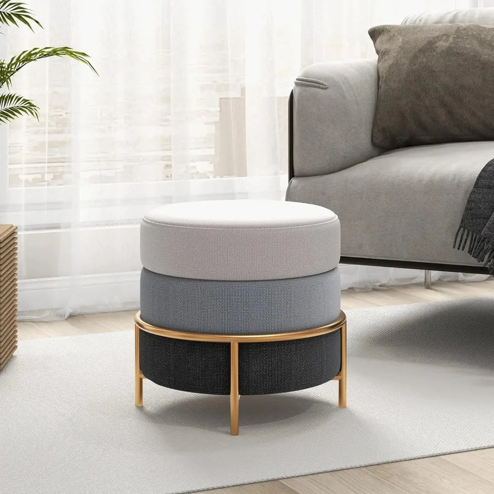 Round Vanity Stool, Linen Fabric Ottoman Cushioned Seat