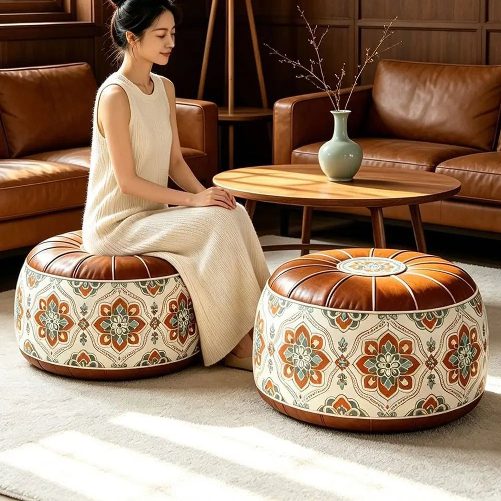 Leather Fillable Ottoman Pouf Round Shape Moroccan Style Storage