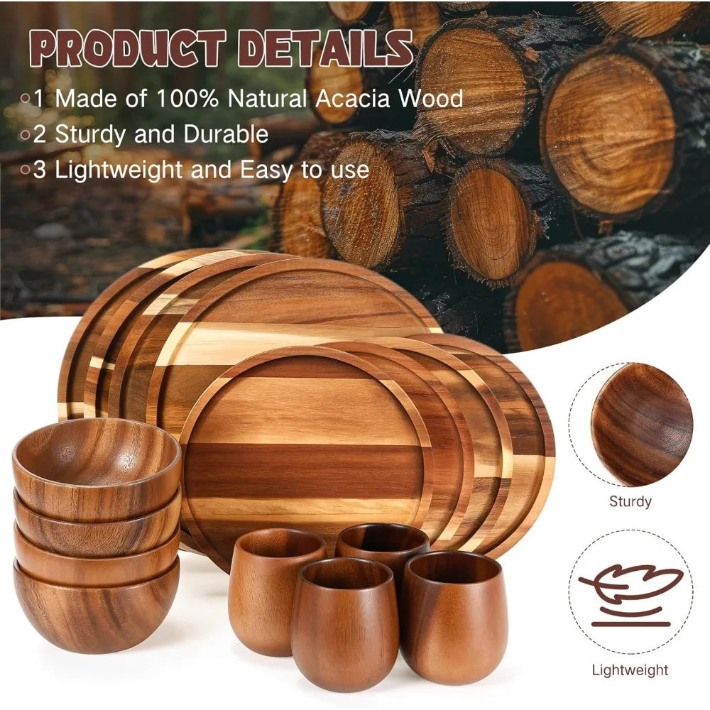 16-Piece Acacia Wood Dinnerware Set: Round Plates, Bowls & Cups