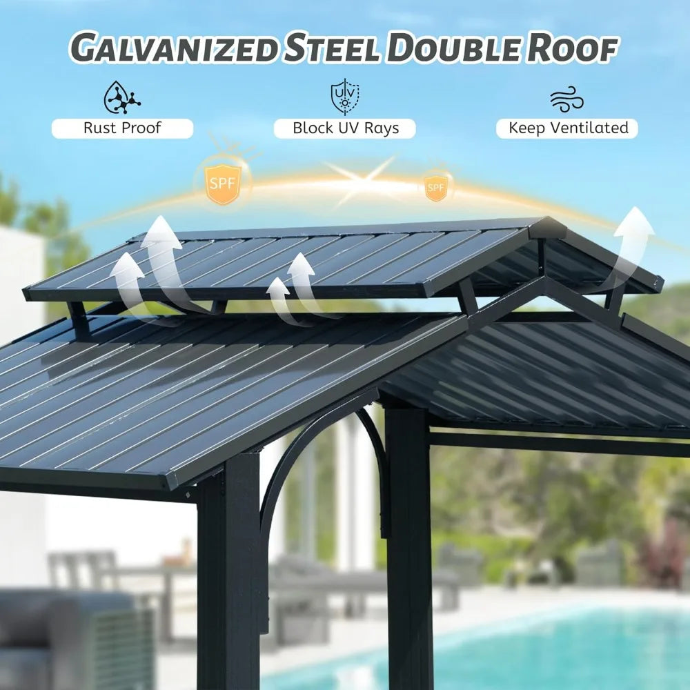 8x5FT Hardtop Grill Gazebo, Outdoor with Steel Roof, Side Shelves