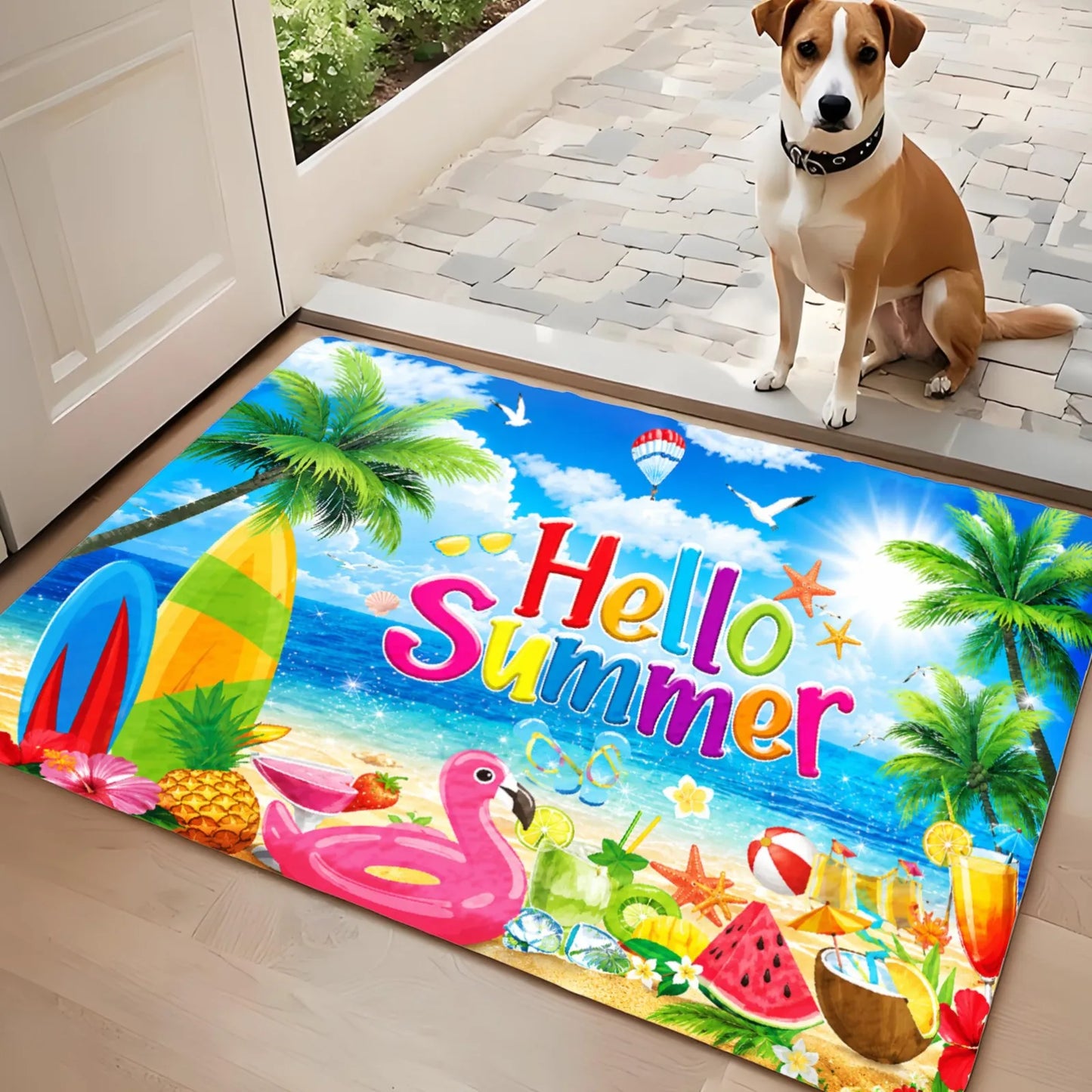 3PCS Rugs,Hello Summer Palm Trees Beach Ball Watermelon Dining Mat