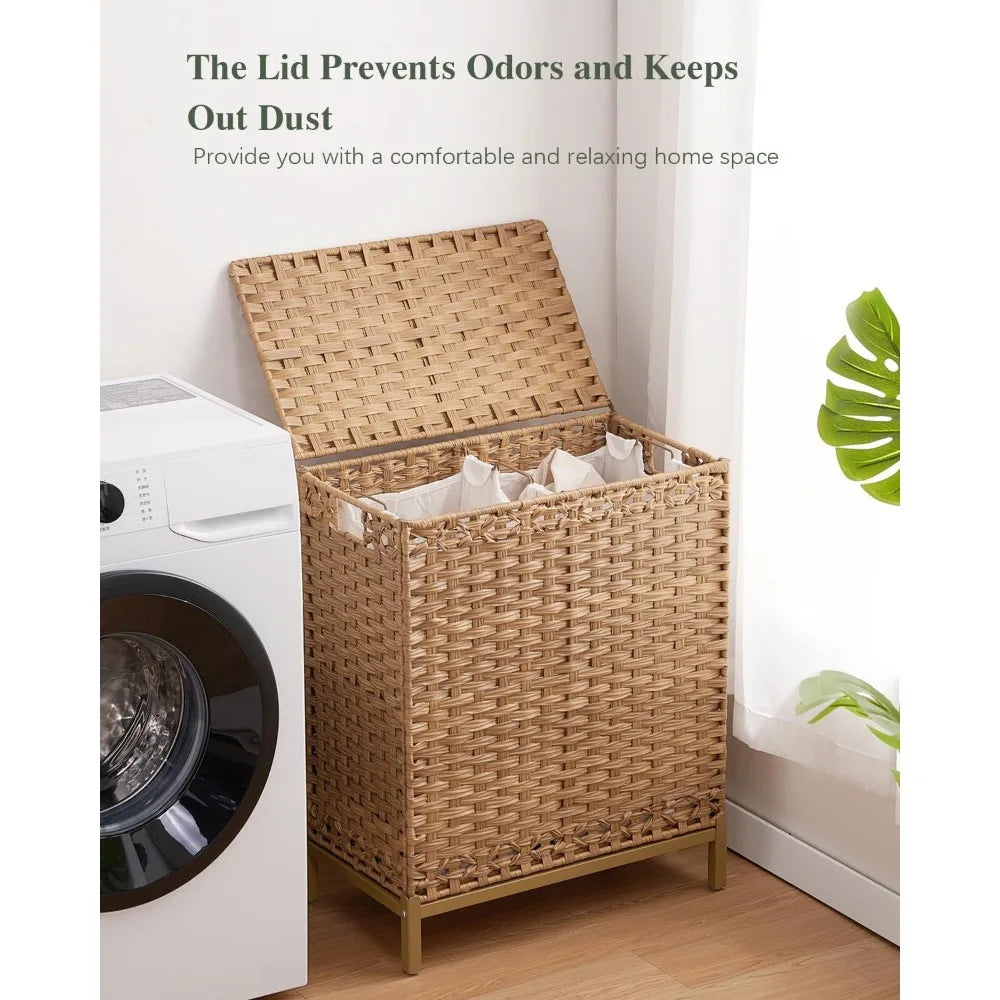 Laundry Hamper with Lid, 112 L Handwoven Rattan Wicker