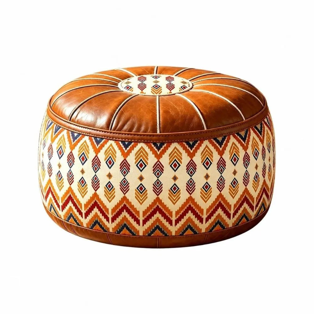 Leather Fillable Ottoman Pouf Embroidered Pattern Moroccan Style, Storage
